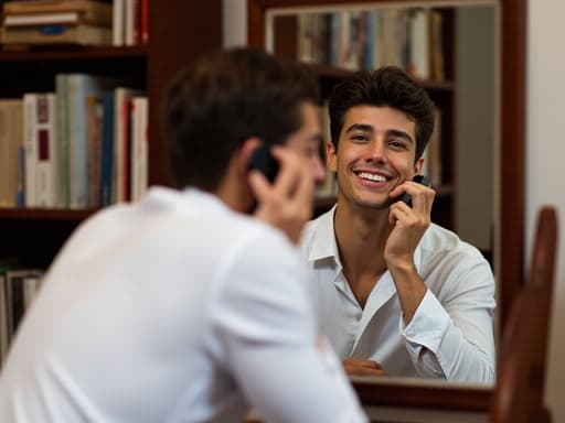 20대 초반의 백인 남성이 깔끔한 흰색 셔츠와 캐주얼한 청바지를 입고, 전화기를 귀에 대고 화장하는 모습에서 자신감 넘치는 미소를 지으며 거울을 바라보고 있습니다. 아늑한 공부방에는 책과 학습 자료가 가득해 따뜻하고 초대하는 분위기를 자아내며, 자신의 셀프 케어 순간을 강조합니다.