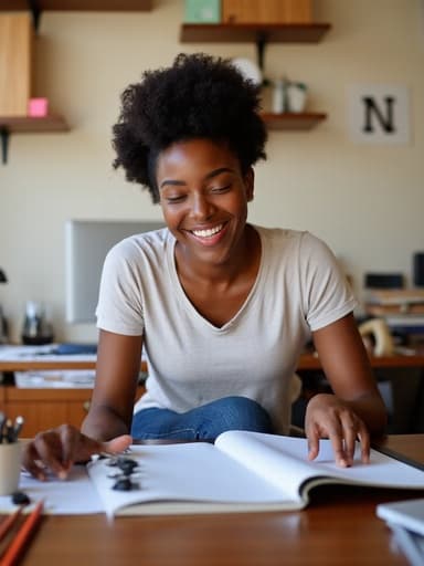 30대 초반 아프리카계 여성이 사무실에서 디자인 작업을 하며 크로스 레그로 앉아 있는 모습이 반신 촬영으로 포착되었습니다. 편안한 티셔츠와 청바지를 입고 밝은 미소를 지으며 활기찬 표정을 짓고 있습니다. 배경에는 그녀의 책상이 보이고, 노트북과 다양한 디자인 도구들이 놓여 있어 창의성과 생산성을 강조하는 아늑한 작업 공간의 분위기를 만들어냅니다.