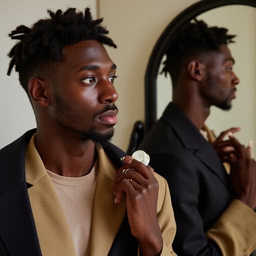 스타일리시한 캐주얼 복장을 착용한 20대 중반의 흑인 남성 모델이 거울을 바라보며 액세서리 선택에 대해 깊이 고민하는 모습의 반신 사진. 현대적인 인테리어가 전체적인 미학을 더하며 매력적인 장면을 만들어냅니다.