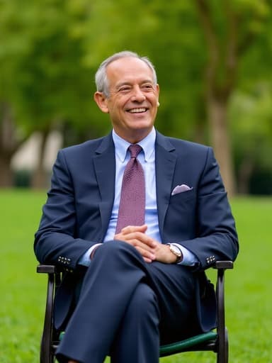 50대 초반의 혼혈 남성이 정장과 넥타이를 착용하고 편안하게 공원에서 앉아 있으며, 무릎 위에 손을 놓고 우아한 표정으로 기쁨을 표현하고 있습니다.