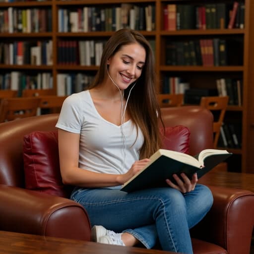 20대 중반의 유럽계 여성이 아늑한 도서관에서 캐주얼한 복장을 하고 앉아 있습니다. 그녀는 이어폰을 끼고 책을 읽으면서 활기찬 표정을 짓고 있습니다. 책으로 가득한 따뜻한 도서관의 분위기가 장면의 생동감을 더해줍니다.