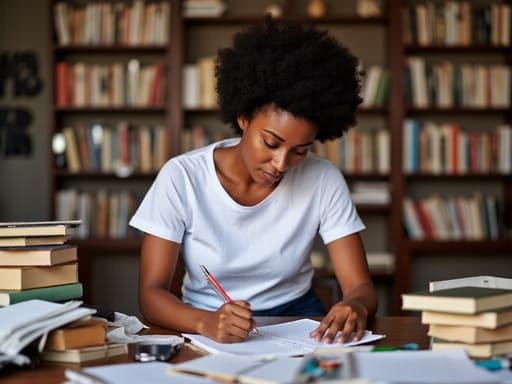 30대 후반의 흑인 여성이 편안한 티셔츠와 청바지를 입고 있는 반신 샷입니다. 그녀는 노트를 작성하며 펜을 쥐고 긴장한 표정을 지으며 집중하고 있습니다. 배경은 책과 공부 도구로 가득한 공부방으로, 그녀의 집중력을 잘 표현하는 학문적인 분위기를 만들어냅니다.