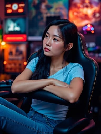 20대 후반 아시아계 여성이 편안한 티셔츠와 청바지를 입고 게임방에 편안하게 앉아 있는 반신 촬영입니다. 그녀는 지루한 표정을 짓고 있으며, 팔을 의자에 기대고 있습니다. 배경에는 다양한 게임 장비와 포스터가 있어 그녀의 감정과 대조되는 활기찬 분위기를 만들어냅니다. 자연스러운 조명이 그녀의 특징과 게임방의 다채로운 요소를 강조합니다.