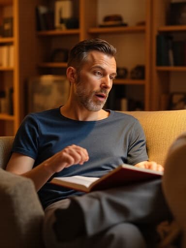 40대 초반의 라틴계 남성이 아늑한 거실의 편안한 소파에 앉아 있습니다. 그는 편안한 티셔츠와 슬랙스를 입고 있으며, 책을 들고 손가락으로 페이지를 넘기면서 놀란 표정을 짓고 있습니다. 배경에는 따뜻한 분위기의 책장이 있습니다.