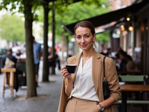 40대 초반의 유럽계 여성이 한적한 카페 테라스에서 커피를 음미하며, 세련된 블라우스와 슬랙스를 입고 평온함과 세련미를 표현하는 모습.