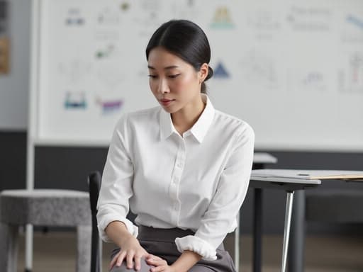 20대 후반 아시아계 여성이 깔끔한 블라우스와 슬랙스를 입고 교실에서 프레젠테이션 자료를 바라보며 크로스 레그로 앉아 있습니다. 배경에는 화이트보드와 강의용 책상이 보이며, 따뜻하고 자연스러운 조명이 매력적인 표정과 전문적인 분위기를 강조합니다.