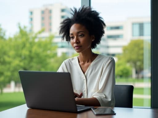 40대 초반의 자신감 있는 흑인 여성이 현대적인 대학 회의실에 앉아 노트북을 바라보며 메모를 하고 있습니다. 세련된 블라우스와 정장 바지를 착용하고 있으며, 전문적이고 세련된 모습을 보여줍니다. 반신 샷이 그녀의 자연스러운 아름다움과 자신감 넘치는 표정을 포착하고 있습니다. 창밖으로는 푸른 나무와 현대적인 건물이 보이는 배경이 있어 영감을 주고 생산적인 분위기를 만들어냅니다.