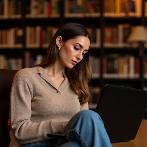30대 중반의 유럽계 여성은 조용한 도서관에서 편안한 니트 스웨터와 세련된 청바지를 입고 노트북으로 코딩 작업에 몰두하고 있습니다. 그녀는 우아한 표정을 지으며 집중하고 있으며, 따뜻한 조명과 책장이 가득한 배경이 그녀의 집중력과 조화를 이루는 매력적인 분위기를 만들어냅니다.