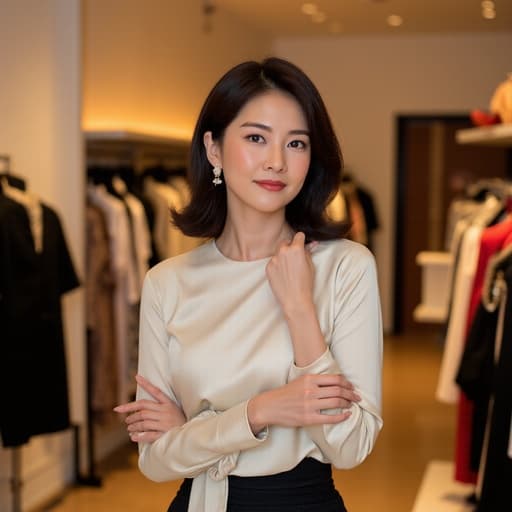 세련된 블라우스와 스커트를 입고 우아한 액세서리를 착용한 40대 초반 아시아계 여성이 자신감 있게 포즈를 취하는 반신 사진, 다양한 의상과 액세서리가 진열된 세련된 패션 매장 배경.