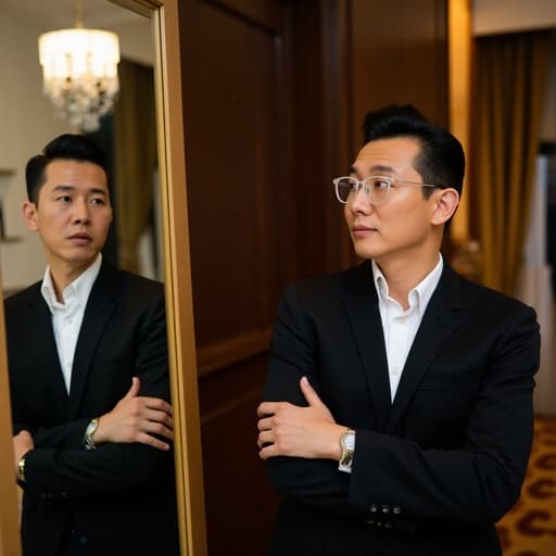 40대 중반의 아시아계 남성이 세련된 정장을 입고 팔짱을 낀 채로 거울을 바라보며 당황한 표정을 짓고 있습니다. 세련된 인테리어의 방에서 자신의 스타일을 점검하는 모습이 담겨 있습니다.