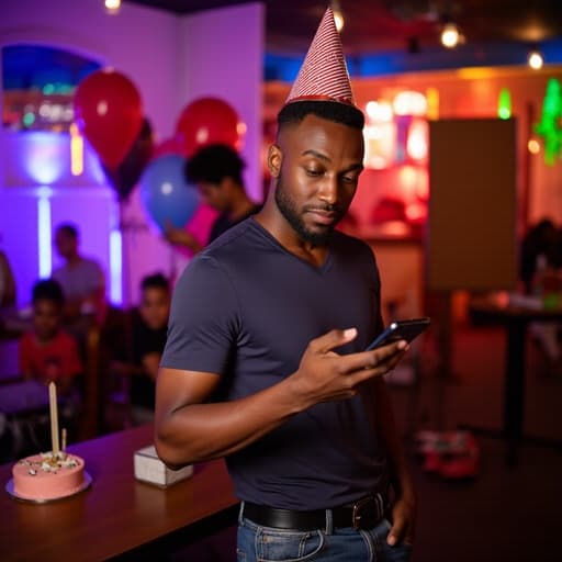 30대 중반의 아프리카계 남성이 생일 파티 분위기의 축제 환경에 서 있습니다. 그는 캐주얼한 티셔츠와 청바지를 입고 생일 모자를 쓰고 있으며, 한 손으로 전화를 들고 다른 손은 주머니에 넣고 무표정으로 약간의 긴장감을 드러내고 있습니다. 배경은 다채로운 장식과 생일 케이크로 가득 차 있어 축제의 분위기를 자아냅니다.