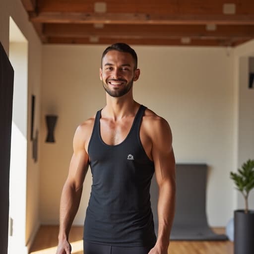 20대 중반의 유럽계 남성이 편안한 요가복을 입고 미소를 지으며 전화를 사용하는 모습이 실내 운동장과 요가 매트 배경에서 촬영되었습니다. 따뜻한 조명은 평온한 분위기를 만들어냅니다.