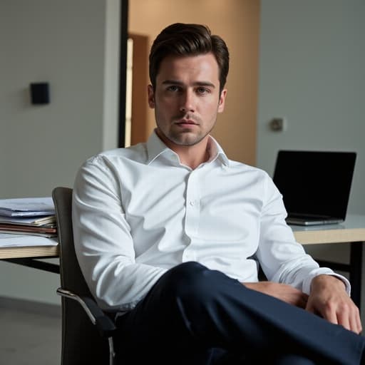 30대 초반의 백인 남성이 깔끔한 흰색 셔츠와 어두운 색 바지를 입고 현대적인 사무실 환경에서 반신 촬영된 모습입니다. 그는 깊은 생각에 잠긴 우울한 표정을 지으며, 다리를 뻗고 손은 무릎 위에 올려 편안하면서도 사색적인 자세를 취하고 있습니다. 배경에는 서류와 노트북이 흩어져 있는 책상이 있어 전문적인 분위기를 더해주고 있습니다. 자연스러운 조명이 모델의 사색적인 기분을 강조하며 배경은 은은하게 조화를 이루고 있습니다.