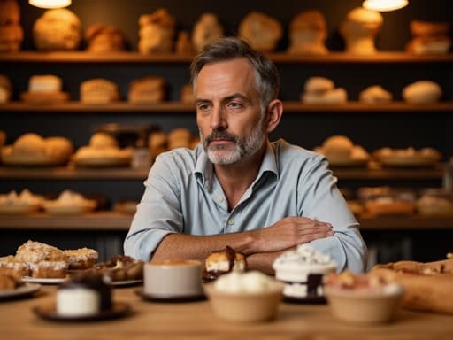 40대 초반의 유럽계 남성이 아늑한 베이커리 테이블에 앉아 팔을 올려놓고, 주위의 다양한 빵과 디저트를 바라보며 무관심한 표정을 짓고 있는 모습으로, 따뜻한 분위기를 자아냅니다.