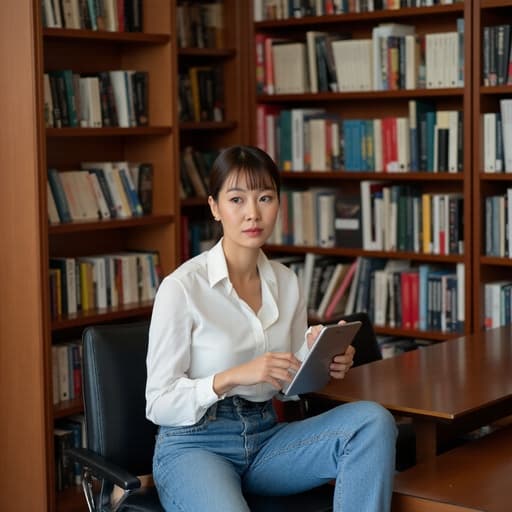 40대 중반의 한국인 여성이 캐주얼한 블라우스와 청바지를 입고 조용한 도서관에 앉아 태블릿을 들고 당황한 표정을 짓고 있습니다. 다리를 뻗고 편안한 자세로 앉아 있는 그녀는 주변의 서가와 함께 지적이고 차분한 분위기를 연출하며 예상치 못한 발견의 순간을 포착하고 있습니다.
