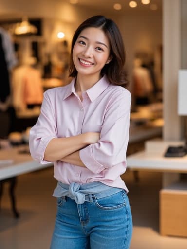 20대 초반 아시아계 여성이 자연스러운 미소를 지으며 트렌디한 블라우스와 스키니 진을 입고 팔짱을 낀 자세로 서 있는 반신 사진입니다. 배경은 다양한 의류와 액세서리가 진열된 패션 매장으로, 매력적이고 세련된 분위기를 연출하고 있습니다.