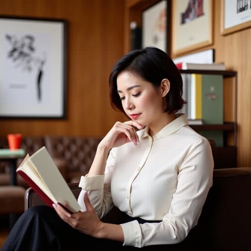 아늑한 카페에 앉아 책에 깊이 집중하고 있는 40대 중반의 세련된 한국인 여성의 반신 사진. 그녀는 우아한 블라우스와 정장 바지를 입고 있으며, 한 손은 턱에 대고 다른 손은 책을 잡고 있다. 배경에는 교육 관련 포스터와 책들이 있어 학습 경험을 강조하는 따뜻한 분위기를 만들어준다.