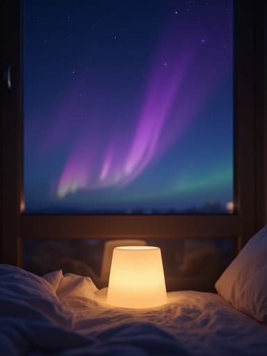 오로라가 빛나는 밤하늘을 배경으로 부드럽게 빛나는 무드등, 신비로운 분위기.