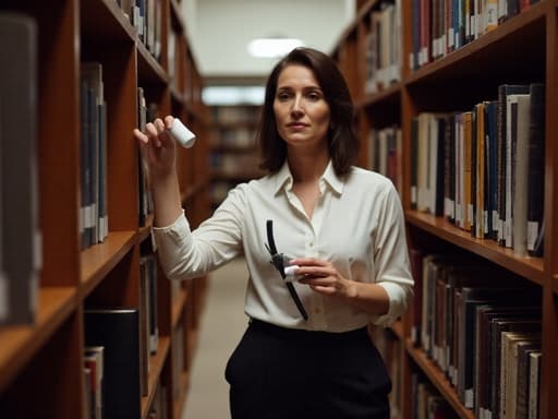 30대 후반의 유럽계 여성의 반신 촬영으로, 세련된 블라우스와 슬랙스를 입고 청소 도구를 들고 책장을 정리하는 모습. 조용한 도서관의 책장 사이에서 집중하며 고상한 분위기를 자아내는 이미지입니다.