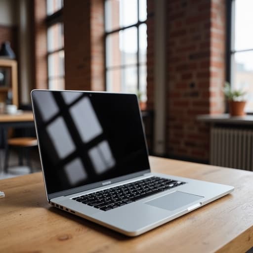 노출된 벽돌 벽이 있는 도시 로프트 스타일 아파트의 나무 책상에 놓인 세련된 노트북, 현대적이고 아늑한 분위기를 연출합니다.