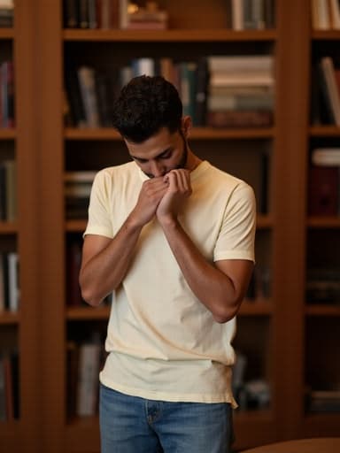 10대 후반의 중동계 남성이 자연스러운 외모를 가지고 편안한 티셔츠와 청바지를 입고 있는 반신샷입니다. 그는 고개를 숙이고 절망적인 표정을 지으며 한 손으로 옷을 들고 다른 손은 턱을 괴고 있습니다. 배경은 따뜻한 조명과 책장이 있는 조용한 도서관으로, 초대하지만 성찰적인 분위기를 연출합니다.