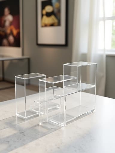 투명 아크릴 정리함, 현대적인 디자인, 부드럽고 확산된 자연광이 있는 세련된 아트 갤러리에 배치되어 섬세한 질감과 반사를 보여줌, 높은 디테일, 사진처럼 사실적, 4K