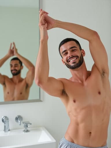 40대 중반의 중동계 남성이 편안한 운동복을 입고 욕실 거울 앞에서 스트레칭을 하며 따뜻한 미소를 짓고 있습니다. 거울과 세면대가 있는 깨끗한 욕실 배경이 개인적인 웰빙 주제를 강조하며, 편안하고 초대하는 분위기를 만들어냅니다.