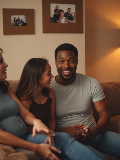 중반 20대 아프리카계 남성이 편안한 티셔츠와 청바지를 입고, 가족과 함께 아늑한 거실에 앉아 놀란 표정을 짓고 있습니다. 따뜻한 조명이 아늑한 분위기를 만들어내며, 이 친밀한 가족의 유대감을 강조하는 따뜻한 장면입니다.