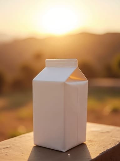 중앙에 우유 팩이 있고, 황금빛 일몰의 흐릿한 자연 경관 배경이 있으며, 따뜻하고 평화로운 분위기입니다.