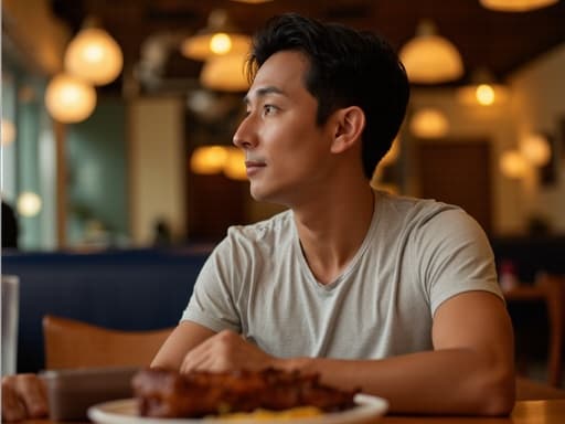 30대 중반 아시아계 남성이 캐주얼한 티셔츠와 청바지를 입고 의자에 편안하게 앉아 무관심한 표정으로 아늑한 카페 환경에서 바베큐 그릴을 바라보고 있는 모습입니다. 따뜻하고 초대하는 분위기를 만들어냅니다.
