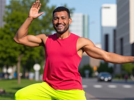 30대 후반의 혼혈 남성이 도시에서 요가 자세를 취하며, 편안하고 화려한 요가복을 입고 있습니다. 그는 자신감과 열정을 발산하며, 나무와 현대적인 건물들이 있는 배경에서 웰빙과 도시 생활의 완벽한 조화를 이루고 있습니다.