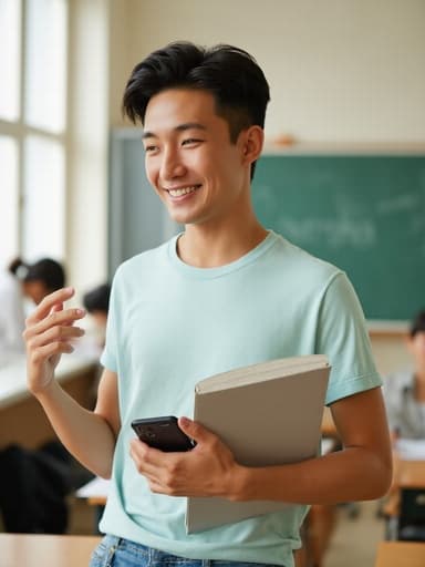 30대 초반의 동양인 남성이 반신 샷으로 촬영되었으며, 편안한 티셔츠와 청바지를 입고 있습니다. 그는 한 손으로 전화를 사용하고 다른 손에 책을 들고 미소를 지으며, 책상과 칠판이 있는 밝고 아늑한 교실 배경에서 편안한 느낌을 주고 있습니다.