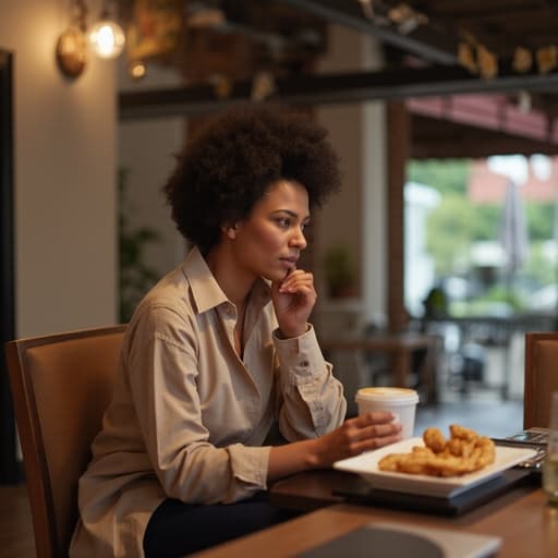 40대 초반의 흑인 여성의 반신 사진으로, 편안한 블라우스와 정장 바지를 입고 있습니다. 절망적인 표정을 지으며 회의 테이블에 앉아 손으로 턱을 괴고 컴퓨터 화면을 바라보고 있습니다. 배경은 커피와 간단한 스낵이 놓인 아늑한 카페 내부로, 그녀의 감정 상태를 강조하는 따뜻하고 친근한 분위기를 만들어냅니다.