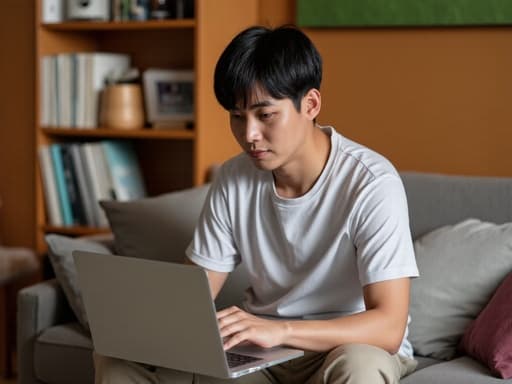 30대 후반의 한국인 남성이 자연스러운 외모로 아늑한 거실에 앉아 있는 반신 사진입니다. 그는 편안한 티셔츠와 슬랙스를 착용하고 차가운 표정으로 노트북에 타이핑하고 있습니다. 배경에는 책장과 소파가 있어, 집에서의 생산성이라는 주제를 강조하는 따뜻하고 매력적인 분위기를 만들어냅니다.