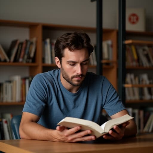 20대 후반의 남성 백인이 캐주얼한 티셔츠와 청바지를 입고 아늑한 도서관의 책상에 앉아 책을 읽고 있습니다. 부드러운 조명과 책장 가득한 책들이 있는 환경 속에서 평온하고 집중한 표정을 짓고 있습니다.