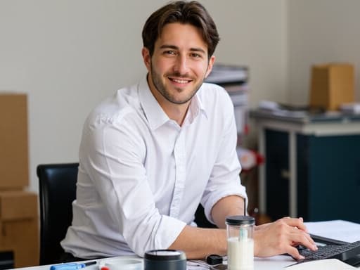 20대 후반의 유럽계 남성이 화이트 셔츠와 블랙 팬츠를 입고, 컴퓨터 책상 앞에 앉아 음식을 한 손에 들고 다른 손으로 타이핑하며 밝은 미소를 짓고 있습니다. 사무실 배경은 정리된 서류와 사무용품으로 전문적이면서도 친근한 분위기를 자아냅니다.