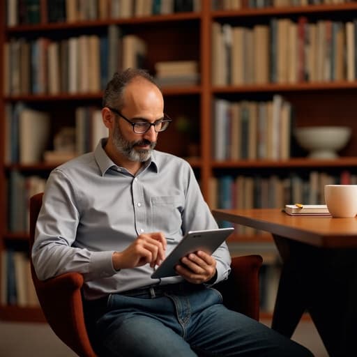 40대 중반의 자신감 넘치는 중동계 남성이 반신 샷으로 촬영되었습니다. 그는 편안한 셔츠와 청바지를 착용하고 아늑한 스터디룸에 앉아 태블릿을 들고 화면을 주의 깊게 바라보고 있으며, 배경에는 책장과 테이블이 있어 아늑한 분위기를 연출하고 있습니다.
