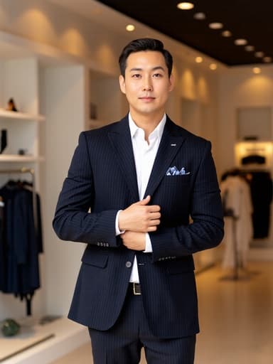 30대 초반의 동양인 남성이 세련된 패션 매장에서 자신의 트렌디한 의상을 자랑스럽게 보여주며 열정적인 표정을 짓고 있습니다.