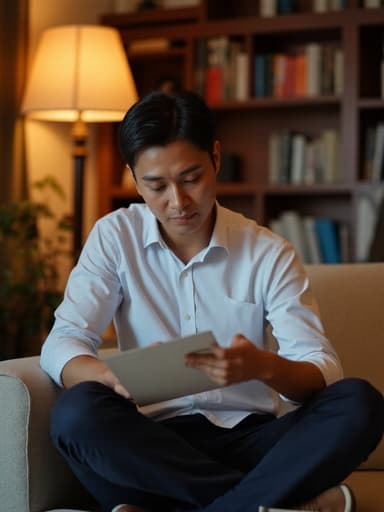 30대 후반 아시아계 남성이 깔끔한 셔츠와 캐주얼 바지를 입고 아늑한 공부방의 소파에 편안하게 앉아 있는 모습이 반신 상으로 촬영되었습니다. 그는 차분하고 집중한 표정으로 프레젠테이션 자료를 바라보며 메모를 하고 있으며, 부드러운 조명이 따뜻하고 아늑한 분위기를 만들어냅니다.