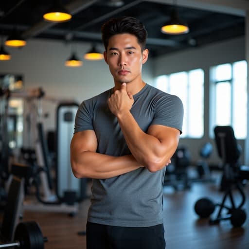 자신감 넘치는 20대 후반의 한국 남성이 현대적인 헬스장에서 기능성 운동복을 입고 포즈를 취하고 있습니다. 한 손은 허리에, 다른 손은 턱에 대고 결단력과 목표에 대한 의지를 드러내며 운동 기구로 둘러싸인 모습입니다.