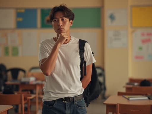 30대 중반의 동양인 남성이 캐주얼한 티셔츠와 청바지를 입고 어깨에 가방을 메고 있는 모습이 반신 촬영으로 담겨 있습니다. 슬픈 표정과 깊은 생각에 잠긴 모습으로 잘 정돈된 학원 내부에서 다양한 학습 자료들이 붙어 있는 벽과 책상, 의자들이 있는 환경에서의 상호작용을 보여줍니다.