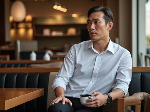 비즈니스 캐주얼 스타일의 셔츠와 바지를 입은 40대 중반의 동양인 남성이 모던한 인테리어의 레스토랑에서 커피 잔을 들고 고민하는 표정을 짓고 있는 반신 샷, 세련되고 현대적인 배경이 강조되고 있습니다.