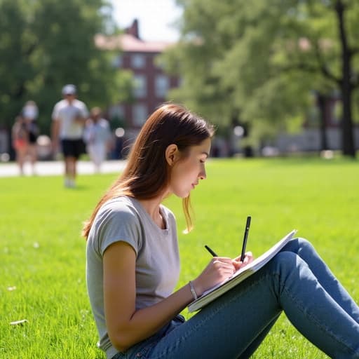 대학 캠퍼스의 잔디밭에 앉아 있는 10대 후반의 백인 여성이 자연스러운 외모를 가지고 있습니다. 그녀는 캐주얼한 티셔츠와 청바지를 입고 있으며, 간단한 액세서리로 스타일을 살렸습니다. 우아한 표정을 지으며 집중하고 있는 모습으로, 오른손에 펜을 들고 왼손으로 노트를 고정하며 글을 쓰고 있습니다. 배경에는 나무와 학생들이 오가는 모습이 있어 활기찬 캠퍼스 분위기를 만들어냅니다.