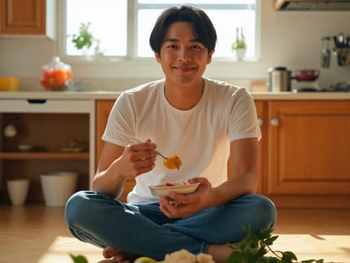 10대 후반 아시아계 남성이 아늑한 주방 바닥에 크로스 레그로 앉아 편안한 티셔츠와 청바지를 입고 있습니다. 그는 긍정적인 표정을 지으며 음식을 즐기고 있으며, 조리대 위에는 다양한 음식 재료들이 놓여 있습니다. 따뜻한 조명이 비추는 아늑한 주방에서의 모습입니다.