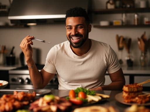 30대 후반의 라틴계 남성이 자연스러운 외모로 캐주얼한 티셔츠와 청바지를 입고, 바베큐 요리가 놓인 주방 테이블에 앉아 열정적인 표정을 지으며 음식을 즐기는 모습의 반신 사진. 따뜻한 주방 환경이 장면의 즐거운 분위기를 강조합니다.
