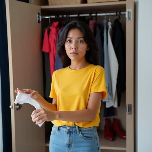 혼혈 10대 여성이 다양한 의상이 걸린 옷장 앞에서 청소 도구를 들고 당황한 표정을 짓고 있다. 그녀는 캐주얼한 티셔츠와 청바지를 입고 있으며, 다양한 의상 옵션으로 가득한 배경이 어우러져 친근하고 캐주얼한 분위기를 만들어낸다.