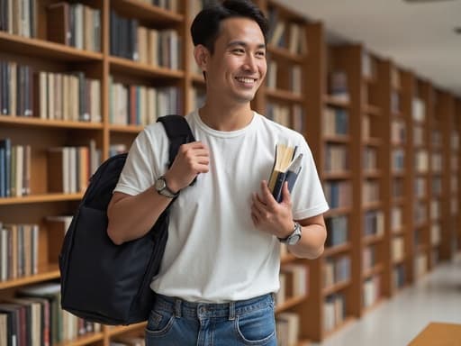 넓고 조용한 도서관의 서가 앞에 서 있는 40대 초반의 아시아계 남성의 반신 샷입니다. 그는 캐주얼한 티셔츠와 청바지를 입고, 어깨에는 여행용 가방을 메고 있으며, 한 손에는 책을 들고 자연스럽게 미소를 지으며 여유롭고 모험적인 분위기를 풍깁니다.
