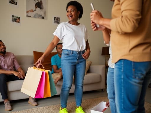 20대 후반의 아프리카계 여성은 반신 샷으로 활기차고 에너지가 넘치는 모습으로 촬영되었습니다. 그녀는 캐주얼한 티셔츠와 청바지를 입고 밝은 색상의 스니커즈를 신고 있습니다. 기분 좋은 미소를 지으며 쇼핑 가방을 들고 가족과 즐겁게 대화하고 있습니다. 배경은 가족 사진이 걸려 있는 아늑한 거실로 쇼핑 아이템들이 주변에 놓여 있어 가족 간의 유대감과 행복한 분위기를 잘 나타내고 있습니다.