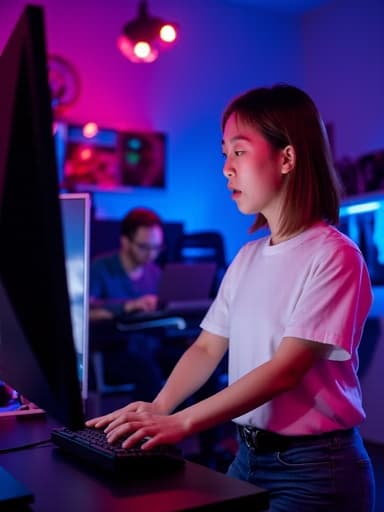 10대 후반의 아시아계 여성이 캐주얼한 티셔츠와 청바지를 입고 놀란 표정을 지으며 컴퓨터 모니터와 상호작용하는 모습을 반신 샷으로 담았습니다. 그녀는 마우스를 능숙하게 조작하고 있으며, 화려한 조명과 다양한 게임 기기가 배치된 게임방의 분위기 속에서 캐주얼한 게임의 흥미를 잘 표현하고 있습니다.