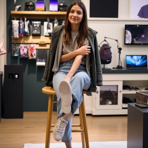 30대 중반의 유럽계 여성이 자연스러운 표정으로 세련된 운동화를 신으려고 하는 모습이 전자매장 내부에서 촬영된 반신 사진입니다.